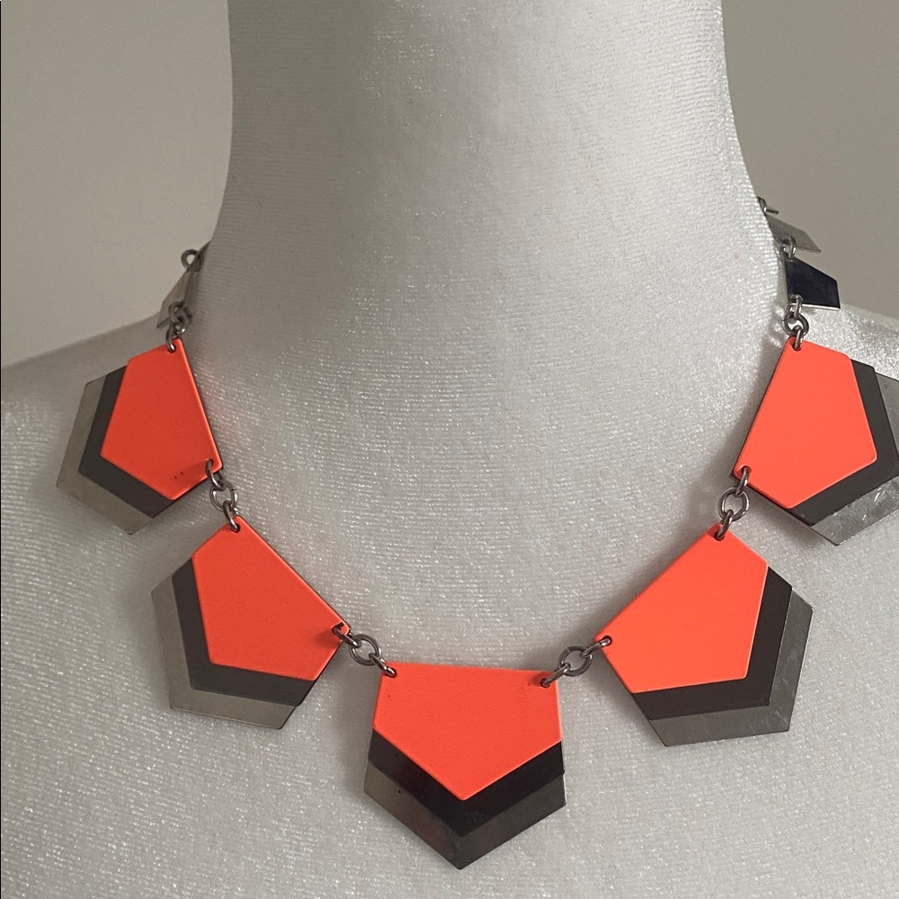 Y2K Express Neon Orange Geometric Statement Necklace Silver Chevron
